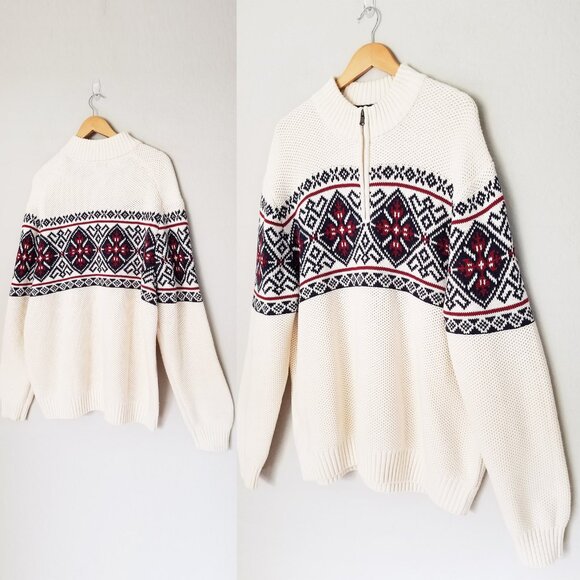 IZOD Men's XXL Sportswear Pullover Fair Isle Chunky Knit Heavy Quarter Zip Cream - Picture 2 of 15